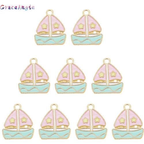 GraceAngie New Fashion 10pcs Enamel Sailing Boat Charms Alloy Bracelet Necklace Earrings Pendants Jewelry DIY Accessory 19*14mm
