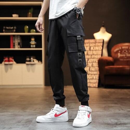 Streetwear Pockets Hip Hop Cargo Pants Mens Hip Hop Harajuku Casual Ribbons Male Harem Trousers Joggers Sweatpants