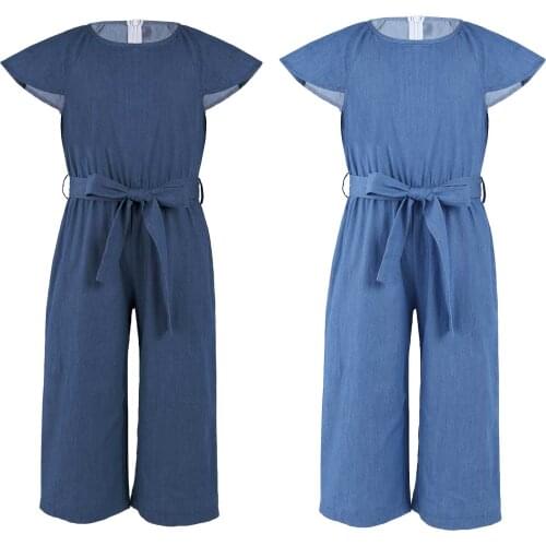 Kids Girls Summer Clothing Children Flying Sleeve High Waist Wide Leg Pants Girls Overalls Denim Romper Jumpsuit Long Pants