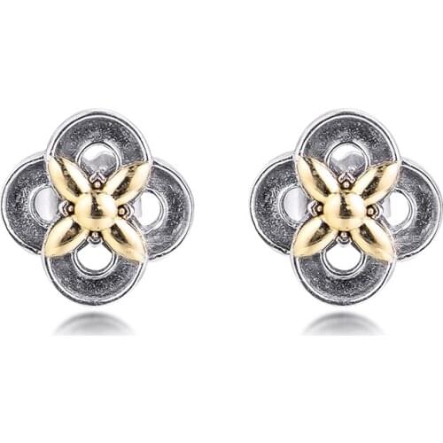 Two-tone Flower Stud Earrings 100% 925 Sterling Silver Jewelry for Women Fashion