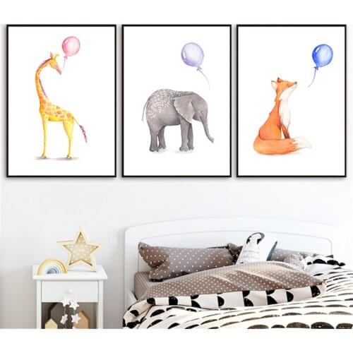 Nursery Poster Elephant Fox Deer Animal Pink Blue Bubble Canvas Painting Print Wall Art Pictures for Kids Baby Shower Gifts