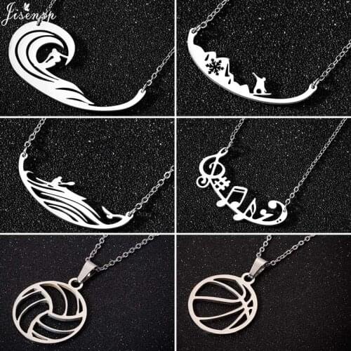 Jisensp Sports Lover Jewelry Men Surfing Necklace Stainless Steel Choker Volleyball Pendant Necklaces Street Pop Jewelry Gift