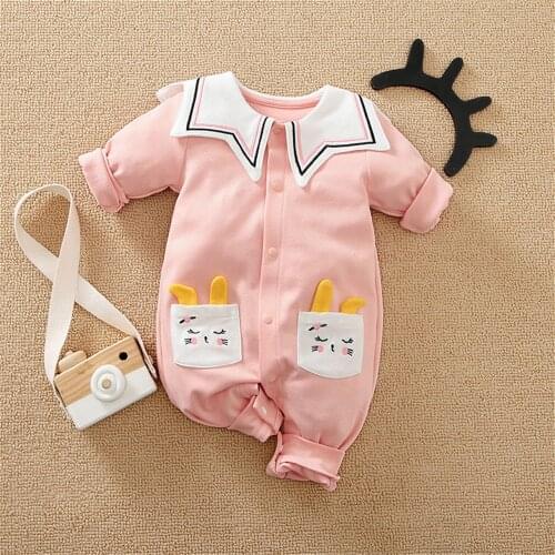 Newborn Rabbit Baby Girl Rompers Spring Cartoon Cute Baby Girl Clothes Pocket Doll Collar Jumpsuit For Girls Overalls