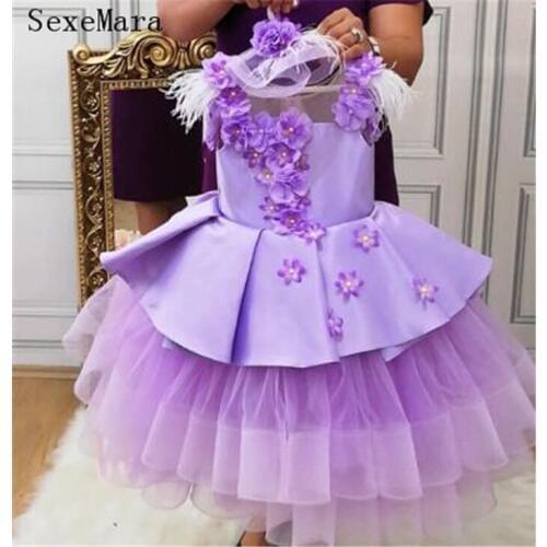 Lilac Tulle Girls Clothes with 3D Floral Appliques Beading Illusion Back Custom Made Flower Girl Dress