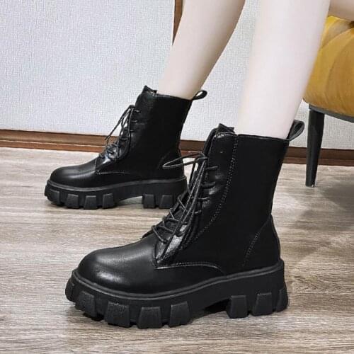 Chunky Motorcycle Boots For Women Autumn Winter Martin Boots 2021 Fashion Round Toe Lace-Up Combat Boots Ladies Shoes Zapatos