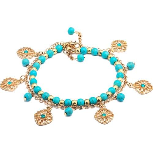 Fashion retro two-piece alloy turquoise bracelet, hollow flower pendant, ladies jewelry wholesale