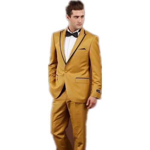 Mens suits Groom Tuxedos Peak Lapel Best Man Suit Gold Groomsman Mens WeddingProm Suits
