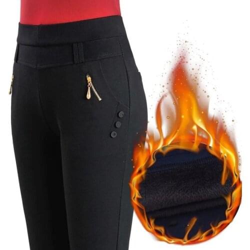 2021New Autumn Stretch High Waist Casual Pants Oversize Middle-aged Women Trousers Female Winter Plus Velvet Warm Straight Pants