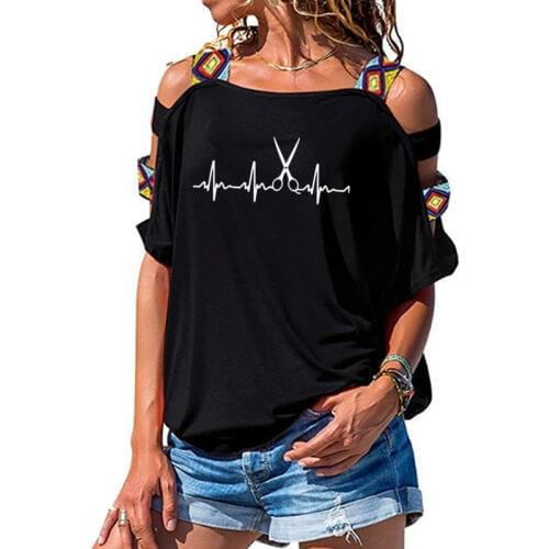 New Summer Heartbeat Hairdresser T Shirt Women Cotton Short Sleeve Girls Tshirt Barber T-shirt Sexy Hollow Out Shoulder Tee