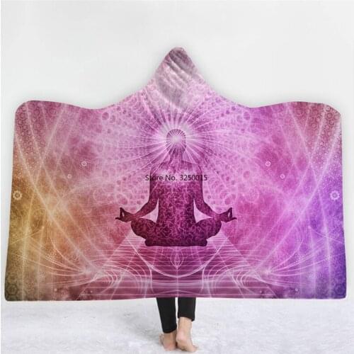 Mandala Religious Buddha Statue 3D Print Hooded Blanket Adult Kids Wool Warm Sofa School Home Picnic Carrying Wearable Blanket