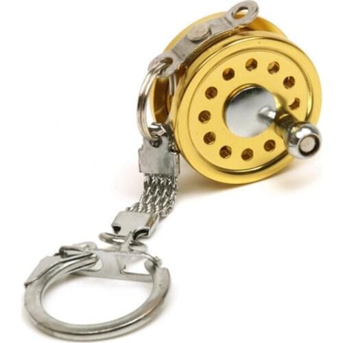 Outdoor Small Fishing Wheel Keychain Gold Color Fly Fisherman Spinning Fishing Reel Charactor Miniature Key Chain With Key Ring