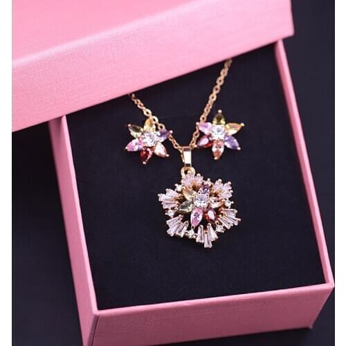 Luxury Snowflake Square Multi Color Zircon Gold Color Jewelry Set For Women Earrings Necklace Set In Store
