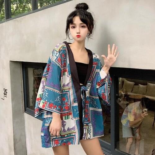 Geskeey Japanese Style Retro Print Summer Sunscreen Ladies Fashion Lace Up Shirts Girls Beach Kimono Cardigan Haori