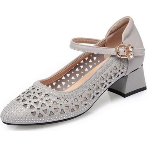 2021 Summer Round Toe Genuine Leather Mesh Rhinestone Sandals Fashion Shoes Breathable Comfort Elegant Thick Heel Women Sandals