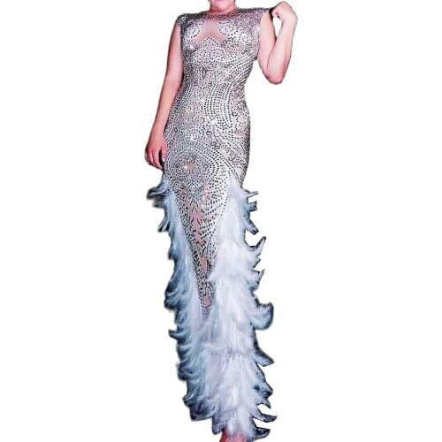 Silver Rhinestones Feather Dresses Sleeveless Split Fork Bag Hip Dress Stage Wear Lady Birthday Party Dress Nightclub Costume