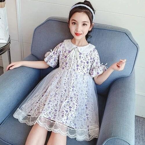 Short Sleeve Print Chiffon Summer Dress For Girls Cute Mesh A Line Princess Dress Kids Knee Length Dresses Little Girls Clothes