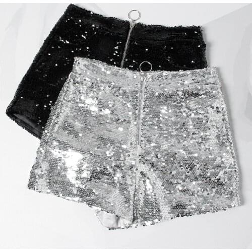 Bling Sexy Club Women Sequin Shorts High Waist O-Ring Zip Front Bodycon Shorts Applique Pockets Skinny Party Jazz Dance Shorts