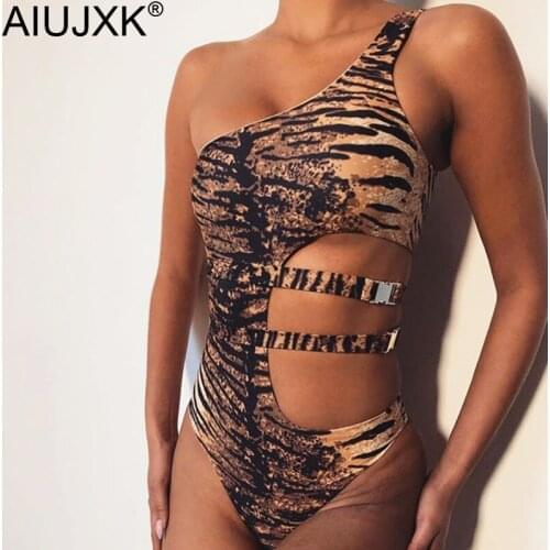 AIUJXK 2020 Summer Tiger Stripe Print Swimsuit One Shoulder One Piece Bodysuits Bikini Women Beach Cut-out Sexy Black Swimwear