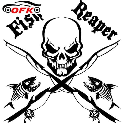 Sunscreen Waterproof Reaper Skull Fishing Rod Car Boat Truck Window Decal Graphic Sticker Stylings Black/Sliver PVC, 17cm*17cm