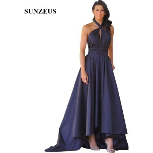 Navy Blue Satin Bridesmaid Dress A-line Halter Neck Ankle Length Wedding Guest Dresses Long Party Dress 2020 vestidos elegantes