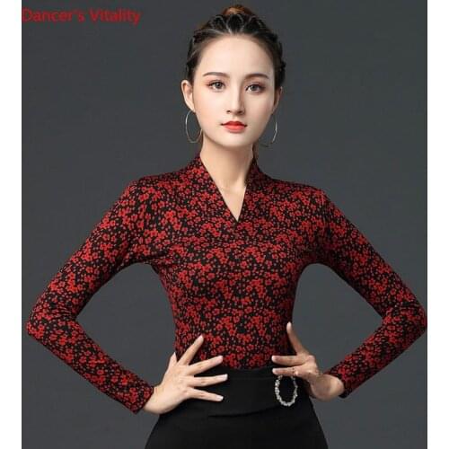 Latin Dance Top V-neck Printing Shirt Long Sleeve Practice clothes Ballroom Dancing Female Adult Elegant Performance Clothing