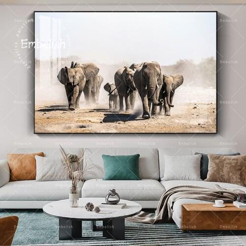 Embelish 1 Pieces Large Size Modern Wall Pictures For Living Room A Herd Of Elephants Animals Canvas Painting Home Decor Posters