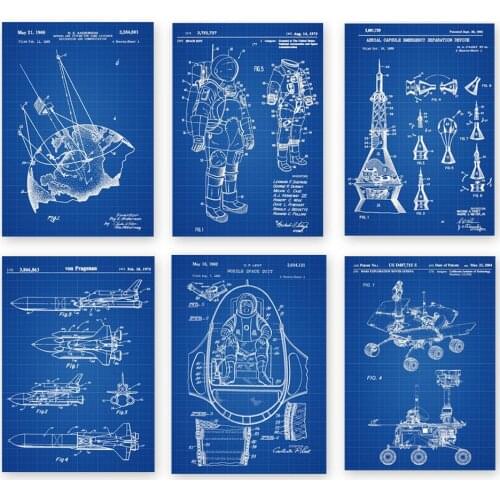 Vintage patent art prints on space exploration 2 space suit rocket satellitesl wall decor 6 in 1 unframed