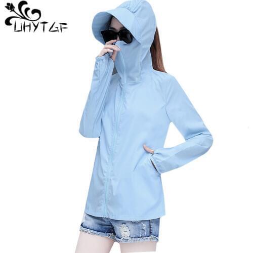 UHYTGF Women Sun Protection Clothing Anti-UV Breathable Wild Summer Coat Drive Bike Hooded Elegant Thin Sun Protection jacket964