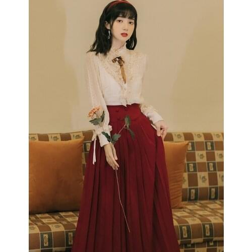 High Quality Shirt Tops Women 2021 Spring New Palace Vintage Embroidery Ruffled Single Breasted Elegant Gentle Blouse Vestidos