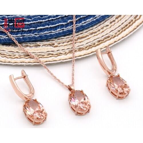 SJMADE Fashion Oval Egg Shape Cubic Zirconia Dangle Earrings Jewelry Sets 585 Rose Gold White Gold For Women Wedding Jewelry