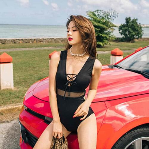 2021 New Ladies Sling Deep V Strap Stitching Mesh See-Through Triangle High Waist Side Hollow Solid Color Tight Vitality Swim