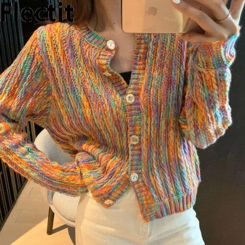 Flectit Women Multi Color Chunky Knit Cardigan Long Sleeve Button Up Sweater Autumn Winter 2020 Trendy
