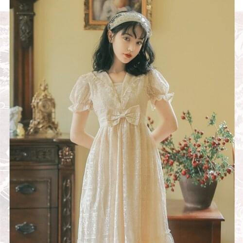 French Palace Style Romantic Retro First Love Princess Dress For Women 2021 Bow Lace Sweet Kawaii Dress Summer