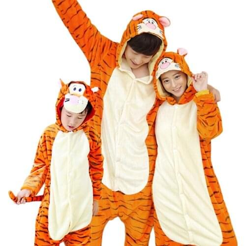 Animal Tiger Pajamas Kigurumi Adult Pyjama Family Pajama Sets Women Men Winter Flannel Hoodie Mom Daughter Onesies Sleepwear