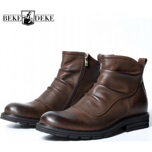 Winter Genuine Leather British Nubuck Cowhide Mens Chelsea Boots Fashion New Zip Round Toe Low Heel High Top Male Ankle Shoes