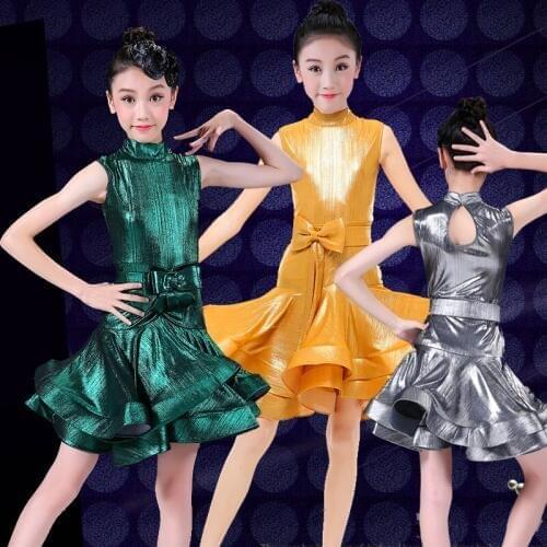7 Colors High Collar Girls Dance Latino Dress Shiny Modern Ballroom Latin Dancing Dresses For Kids
