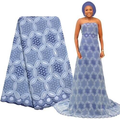 Bestway African Swiss Voile Lace Fabric Sky Blue 100% Cotton Eyelet Embroidered Korean Quality Big Laces for Nigerian Dress