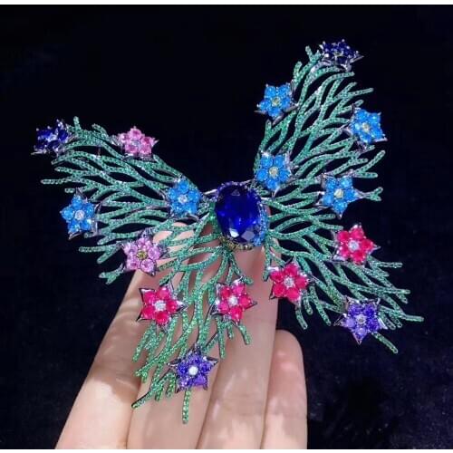 Green big butterfly brooch 78*80MM 925 sterling silver with cubic zircon high quality fine women jewelry for coat dress