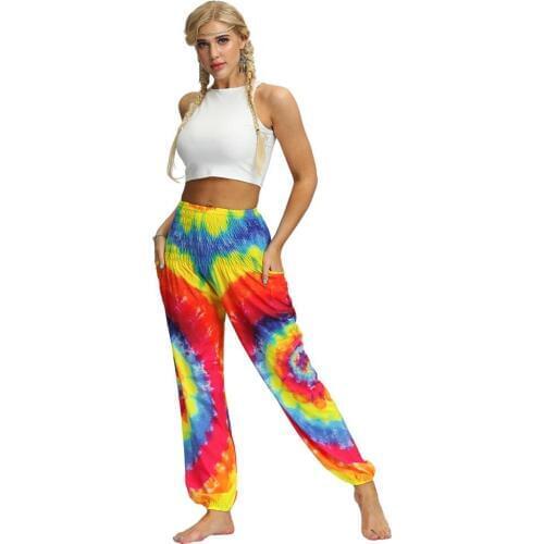 Bohemian Slacks Womens Trousers Tie Dye Rainbow Color MID Waisted Fitness Pants Loose Casual Knickerbockers Sweatpants Pants