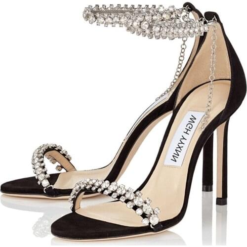 Black Suede Women Crystal Ankle Strap Sandals Prom Dress Party Pumps Rhinestone Strap Chic Lady Office Work Stilettos Sandalias