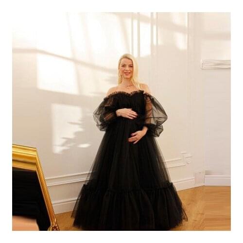 Classic Black Tulle Maternity Gowns Puffy Long Sleeves Strapless Ruffles Extra Puffy Photo Shoot Pregnancy Dress