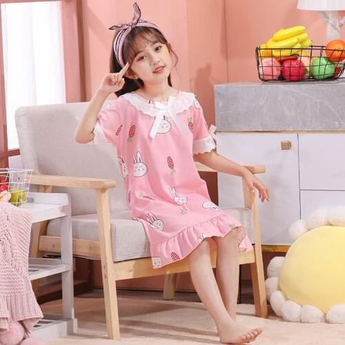 Summer Cotton Girls Night Dress Childrens Pajamas Sleepwear Dresses Nightgown Summer Short Sleeves Cartoon Nightdress Soft Cute