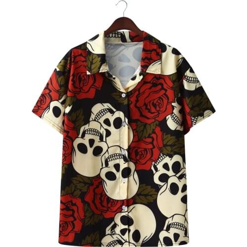 Skull Print Men Shirts Short Sleeve V Neck Skeleton Print Beach Shirts Hawaiian Vintage Turn Down Button Shirts Camisa Masculina
