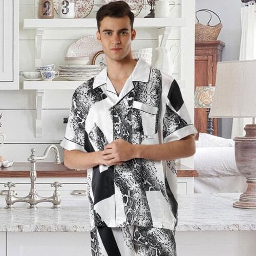 Mens Snakeskin Print Satin Pajamas Set Short Sleeve Shirt and Long Pants Set Satin Pyjamas Men Sleepwear
