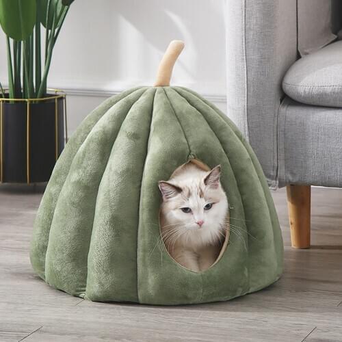 Soft Cat Cave Bed Warm Kennel For Puppy Deep Sleeping Kitten Nest Pumpkin Shape Warming Cats House Washable Mat Pet Accessories