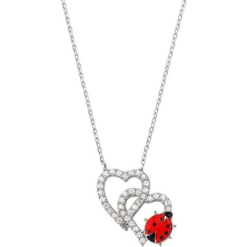 Real Silver 925 Jewelry Silver Ladybird Buggy Dual Heart Woman Necklace