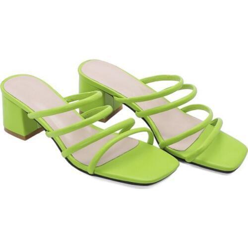 Hot Sales Open Toe Middle Heels Outdoor Neon Slide Slipper Summer Sandals Block Heels for Woman and Ladies