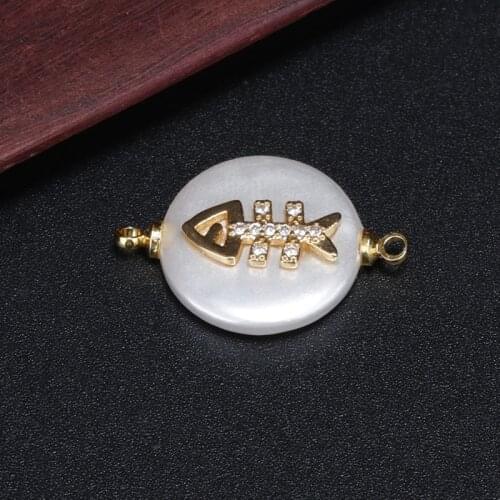 Multiple tiny cz crystal paved gold fish bone charm white pearl bead connector for jewelry making for bracelet choker