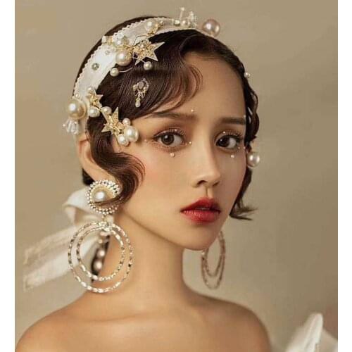 NiuShuya Silk Satin Headband Bridal Headwear Hairpins Wedding Hair Accessories Vintage Pearl Earring Jewelies
