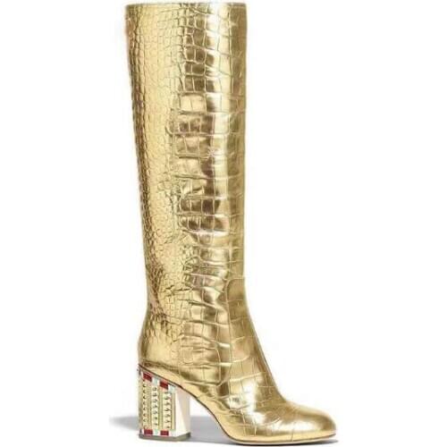 Drop Shipping Gold Crocodile Pattern Mid-tube Boots Woman Colorful Crystal Chunky Heels Slip On Knee High Long Boots Shoes
